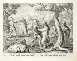 Männer in schwerer Rüstung greifen Bären an, indem sie sie in die lebenswichtigen Organe stechen, Illustration aus 